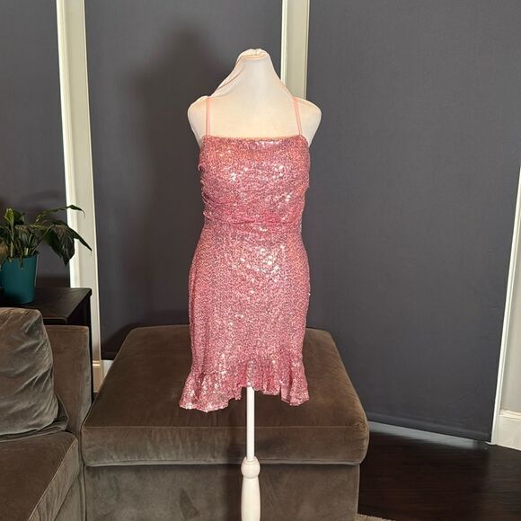 Women’s Pink Sequined Short Homecoming Party Dress Ruffle Hem CorsetBack Size 0 - Picture 1 of 13